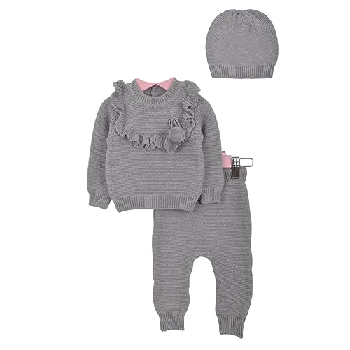 Minora Baby Winter Kleidungs Set | Hose, Pullover und Mütze für Jungen und Mädchen | Langarm Tops und Hose Sweatsuit Outfits Kleidung | Oberteile und Hosen | Grau - Rüschen | 9-12 Monate von Minora