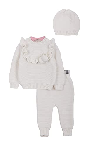 Minora Baby Winter Kleidungs Set | Hose, Pullover und Mütze für Jungen und Mädchen | Langarm Tops und Hose Sweatsuit Outfits Kleidung | Oberteile und Hosen | Knocken - Rüschen | 0-3 Monate von Minora