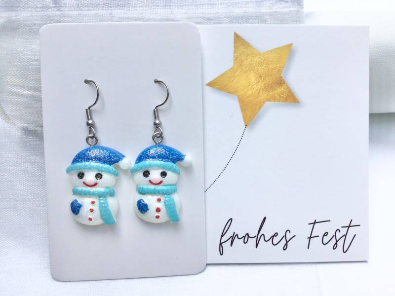 Schneemann Ohrringe, Hängeohrringe, Silber Edelstahl Blauer Schneemann, Weihnachtsohrring von MinordetailsDesigns