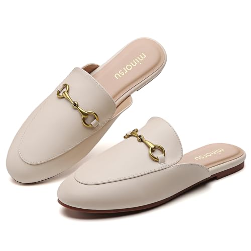 Minorsu Damen Pantoletten mit Schnalle, Runde Zehenpartie, Rückfrei, Flache Pantoletten, Slides, Beige, 39 EU von Minorsu