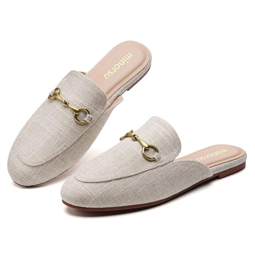 Minorsu Schnalle Pantoletten für Frauen Runde Zehen Rückenfrei Flache Pantoletten Slides Pantoletten Schuhe Damen Slip-on Loafers, Buckle-line beige, 42 EU von Minorsu
