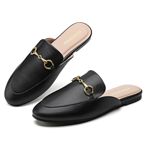 Minorsu Schnalle Pantoletten für Frauen Runde Zehen Rückenfrei Flache Pantoletten Slides Pantoletten Schuhe Damen Slip-on Loafers, Schnalle schwarz, 37.5 EU von Minorsu