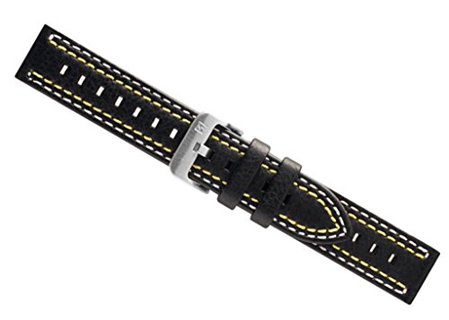 Dakota Uhrenarmband Leder Band - schwarz mit weiß/gelber Doppelnaht 24409S, Stegbreite:24mm von Minott