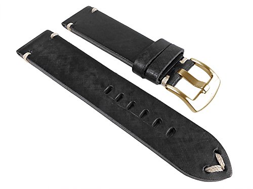 Ersatzband Vintage Uhrenarmband Sattelleder schwarz mit offener Schnittkante, Ziernaht 24951G /P, Stegbreite:22mm von Minott