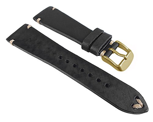 Ersatzband Vintage Uhrenarmband Sattelleder schwarz mit offener Schnittkante, Ziernaht 24955G /16, Stegbreite:20mm von Minott