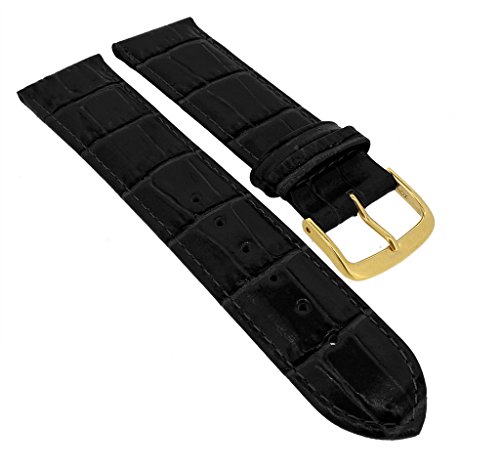 Minott Ersatzband Uhrenarmband 14mm - 30mm | Leder schwarz mit Naht und Krokoprägung 32275S/G, Stegbreite:20mm, Schließe:Gelbgolden von Minott