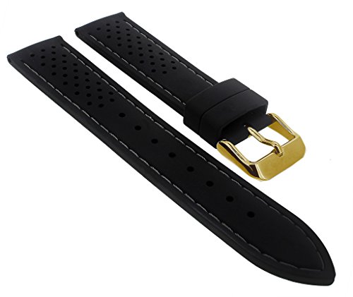 Minott Ersatzband Uhrenarmband 18mm - 24mm | Silkon schwarz mit Kontrastnaht 32309S/G, Stegbreite:18mm, Schließe:Gelbgolden von Minott