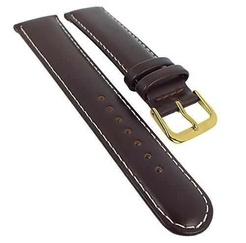 Minott Ersatzband Uhrenarmband Leder Band braun mit weißer Naht glatt 29498, Stegbreite:16mm, Schließe:Gelbgolden von Minott