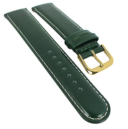 Minott Ersatzband Uhrenarmband Leder Band grün mit weißer Naht glatt 29501, Stegbreite:18mm, Schließe:Gelbgolden von Minott
