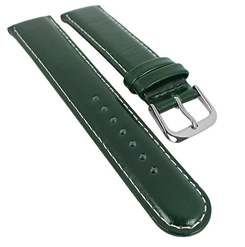 Minott Ersatzband Uhrenarmband Leder Band grün mit weißer Naht glatt 29501, Stegbreite:20mm, Schließe:Silbern von Minott