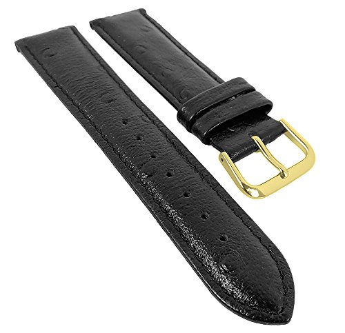 Minott Ersatzband Uhrenarmband Leder Band schwarz mit Ton-in-Ton Naht mit Straußprägung 29577, Stegbreite:14mm, Schließe:Gelbgolden von Minott