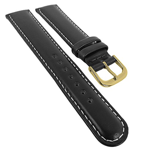 Minott Ersatzband Uhrenarmband Leder Band schwarz mit weißer Naht glatt 29499, Stegbreite:16mm, Schließe:Gelbgolden von Minott