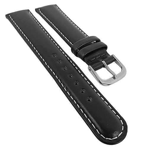 Minott Ersatzband Uhrenarmband Leder Band schwarz mit weißer Naht glatt 29499, Stegbreite:20mm, Schließe:Silbern von Minott