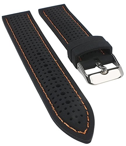 Minott | Uhrenarmband Silikon Band schwarz gelocht mit oranger Ziernaht 25528S, Stegbreite:20mm von Minott