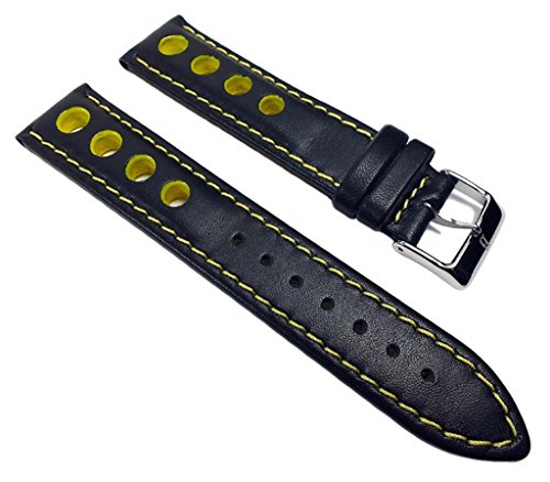 Minott Racing Uhrenarmband Rindsleder Band mit Lochmuster Schwarz/Gelb 652_35, Stegbreite:22mm von Minott