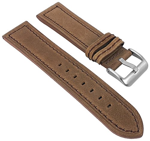 Minott Vintage Look | Uhrenarmband Leder Band Hellbraun mit Ton-in-Ton Naht glatt 30019, Stegbreite:22mm von Minott