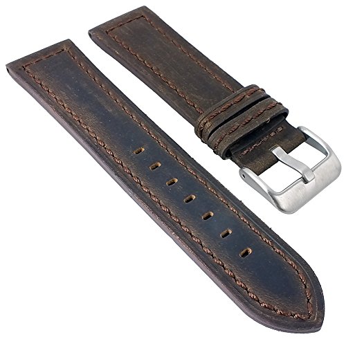 Minott Vintage Look | Uhrenarmband Leder Band Dunkelbraun mit Ton-in-Ton Naht glatt 30018, Stegbreite:20mm von Minott