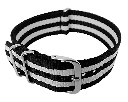 Minott Outdoorband Uhrenarmband Durchzugsband Perlon Band mit Metallschlaufen 18mm Mehrfarbig - 29048, Farbe:schwarz/weiß von Minott