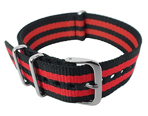 Outdoorband Uhrenarmband Durchzugsband Perlon Band mit Metallschlaufen 18mm Mehrfarbig - 29048, Farbe:schwarz/rot von Minott