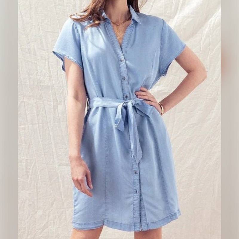 Schöne Frühling Tencel Tunika Shirt Kleid. Chambray Jean Button Up Mit String-Taillen-Gürtel Und Cap Kurze Ärmel in Denim Blue Sage Mint Geschenk von MintLucca