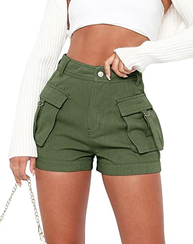 Minthunter Damen Cargo-Shorts mit hoher Taille und Taschen, kurze Hotpants, Oliv/Blatt für mich (Leaf It to Me), Mittel von Minthunter