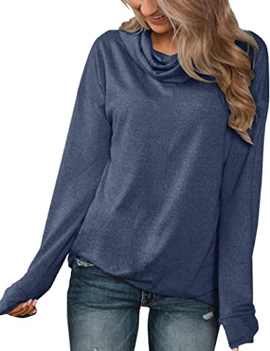 Minthunter Damen Langarm Pullover Wasserfallkragen Tunika Shirt Casual Sweatshirt Tops, blau, Medium von Minthunter