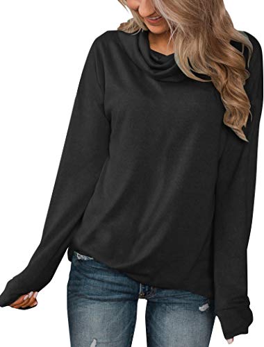 Minthunter Damen Langarm Pullover Wasserfallkragen Tunika Shirt Casual Sweatshirt Tops, schwarz, Small von Minthunter