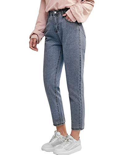 Damen Boyfriend Jeans Hose Reißverschluss Knopfleiste Hoher Taille High Waist Stretch Schlank Jeanshose Push Up Denim Pants B Dunkelblau M von Mintom