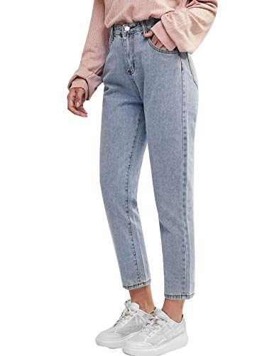 Damen Boyfriend Jeans Hose Reißverschluss Knopfleiste Hoher Taille High Waist Stretch Schlank Jeanshose Push Up Denim Pants B Hellblau L von Mintom