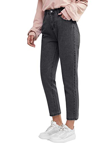 Damen Boyfriend Jeans Hose Reißverschluss Knopfleiste Hoher Taille High Waist Stretch Schlank Jeanshose Push Up Denim Pants B Schwarz L von Mintom