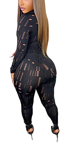 Damen Sexy Zweiteilige Bodycon Hosen Outfits Hollow Out Crop Top Hohe Taille Leggings Club Trainingsanzüge, Schwarzes Langarmshirt, Groß von Mintsnow