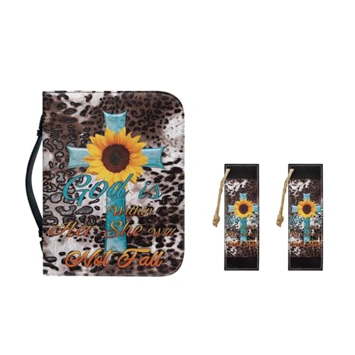 Mintulipy Bibeltragetasche für Frauen mit Taschen, Lesezeichen, Leopardenmuster, Sonnenblume, Kreuz, Bibelhülle, Tragetasche, Organizer-Tasche für Anbetung, wasserabweisend, Bibelhülle von Mintulipy