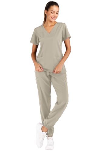 Minty Mint Damen Solid Stretch Medizinische Uniform Scrub Set V-Ausschnitt Top Cargo Tapered Jogger Hose Blaugrün 3XL, Khaki, Large von Minty Mint