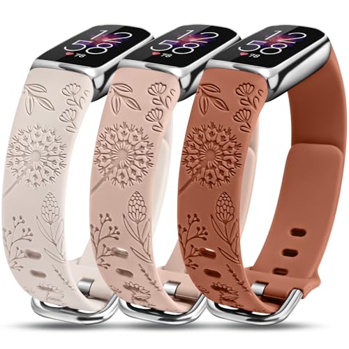 Minyee 3 Packungen Armbänder mit Blumengravur, kompatibel mit Fitbit Luxe Band für Damen, niedliches sportliches weiches Silikonband, Löwenzahn-Sommer-Ersatzarmbänder für Luxe/Luxe SE von Minyee