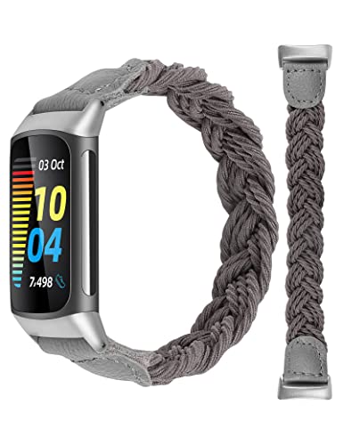 Minyee Geflochtenes Band kompatibel mit Fitbit Charge 5 Bändern für Frauen Mädchen, elastische Solo Loop dehnbares Designer süßes Nylon Armband weich schlank gewebtes Ersatzarmband Zubehör für Charge von Minyee