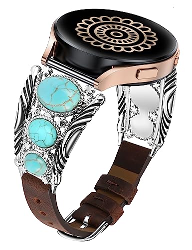 Minyee Kompatibel mit Samsung Galaxy Watch 6/5/4/Active 2 40 mm 44 mm/Watch 5 Pro 45 mm/Watch 6 Classic/Watch 3 41 mm Band Damen, Leder Türkis Vintage Boho Ethno Antik Schmuck Stil Armband von Minyee