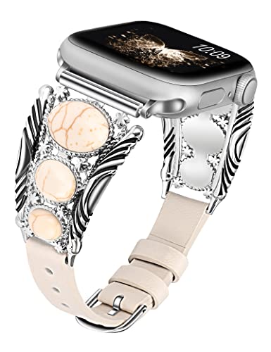 Minyee Lederarmband, kompatibel mit Apple Watch, 49 mm (Ultra), 45 mm, 44 mm, 42 mm, Türkis, Apple Watch-Armbänder für Damen, antiker Schmuck-Stil für iWatch Serie SE/8/7/6/5/4/5/4/4/3/2/1,1 von Minyee