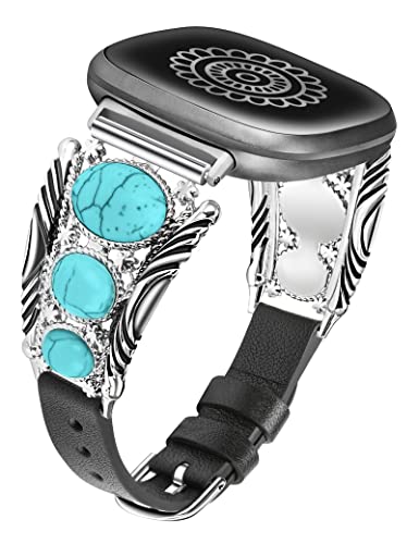 Minyee Lederarmband kompatibel mit Fitbit Versa 4/Versa 3/Sense 2/Sense Band, Türkis Uhrenarmbänder für Frauen, Vintage Bohemian Ethno Antik Schmuck Stil Armband für Versa 4 von Minyee