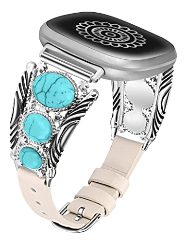 Minyee Lederarmband kompatibel mit Fitbit Versa 4/Versa 3/Sense 2/Sense Band, Türkis Uhrenarmbänder für Frauen, Vintage Bohemian Ethno Antik Schmuck Stil Armband für Versa 4 von Minyee