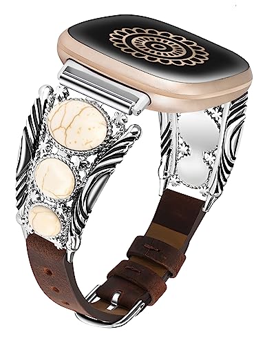 Minyee Lederarmband kompatibel mit Fitbit Versa 4/Versa 3/Sense 2/Sense Band, Türkis Uhrenarmbänder für Frauen, Vintage Bohemian Ethno Antik Schmuck Stil Armband für Versa 4 von Minyee