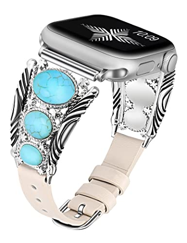 Minyee Lederband kompatibel mit Apple Watch Armband Damen 38/40/41/42/44/45/49 mm, Türkis Vintage Boho Ethno Antik Schmuck Stil Armband für Ultra 2 & Series 9 8 7 6 5 4 3 2 1 SE von Minyee