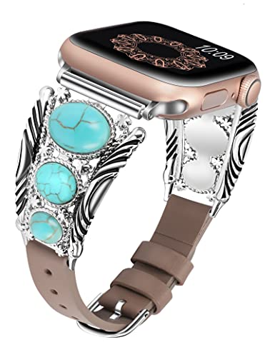 Minyee Lederband kompatibel mit Apple Watch Armband Damen 38/40/41/42/44/45/49 mm, Türkis Vintage Boho Ethno Antik Schmuck Stil Armband für Ultra 2 & Series 9 8 7 6 5 4 3 2 1 SE von Minyee