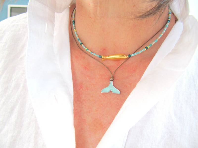 Flosse Halskette Boho Style, Ocean Kette, Silberne Anhänger Flossen, Maritime Kette, Blaue Anhänger, Geschenk Frau, Emaillierte von MioBolife