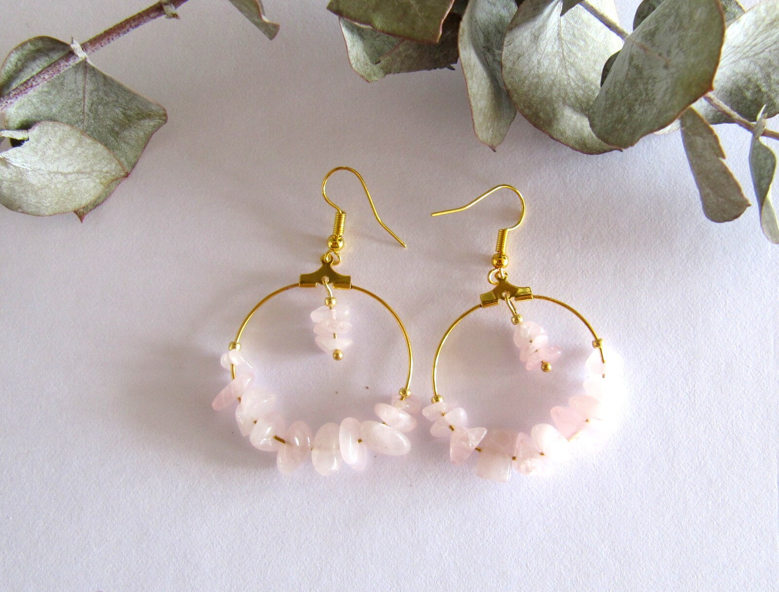 Rosenquarz Ohrringe, Hänge Bergkristall Ohrringe Hängend, Boho Lange Rosa Perlen, Naturstein, Weihnachten von MioBolife