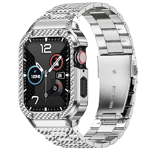 MioHHR Edelstahl-Armband und Gehäuse, kompatibel mit Apple Watch Armband 44 mm/42 mm, Herren-Metall-Schutzhülle für iWatch Serie SE/6/5/4/3/2/1 von MioHHR