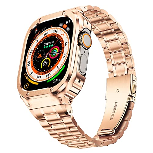 MioHHR Uhrenarmband aus Edelstahl mit Gehäuse, kompatibel mit Apple Watch Serie Ultra 2 1 (49 mm), robustes Armband mit Metallschutz für iWatch Band für Herren, Roségold von MioHHR