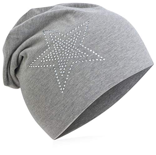 Baby Kinder Jersey Slouch Beanie Long Mütze mit Strass Stern Unisex Baumwolle Trend 2Stern-Grau-S von Miobo