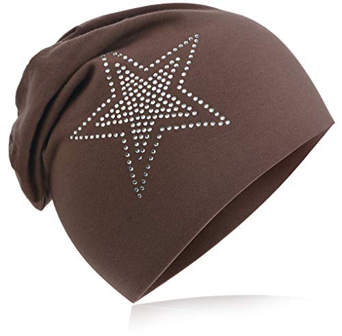 Baby Kinder Jersey Slouch Beanie Long Mütze mit Strass Stern Unisex Baumwolle Trend 2Stern-Graubraun-L von Miobo