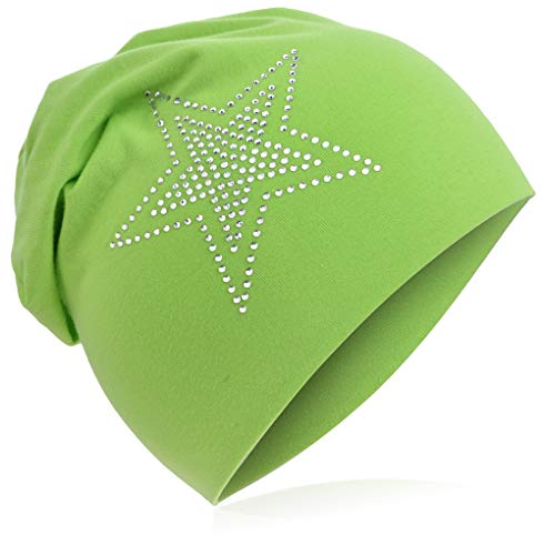Baby Kinder Jersey Slouch Beanie Long Mütze mit Strass Stern Unisex Baumwolle Trend 2Stern-Grün-L von Miobo