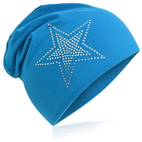 MioboBaby Kinder Jersey Slouch Beanie Long Mütze mit Strass Stern Unisex Baumwolle Trend 2Stern, Blau2Stern-Lichtblau, 54-58cm Kopfumfang von Miobo